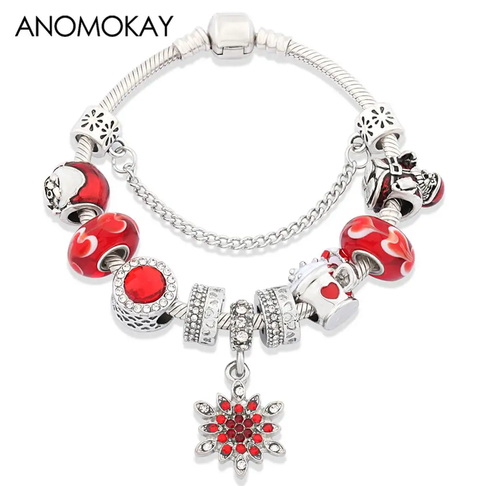 Новый браслет с подвеской в виде Красной снежинки и кристаллов красным муранским