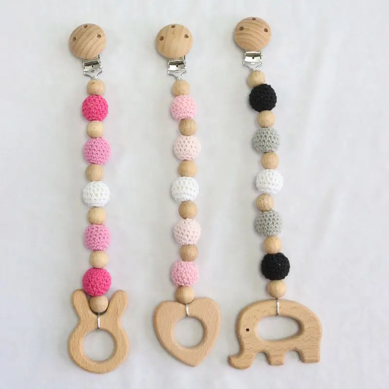 

Baby Pacifier Chain Clip Infant Teether Nipple Holder Wood Teething Chewing Toys