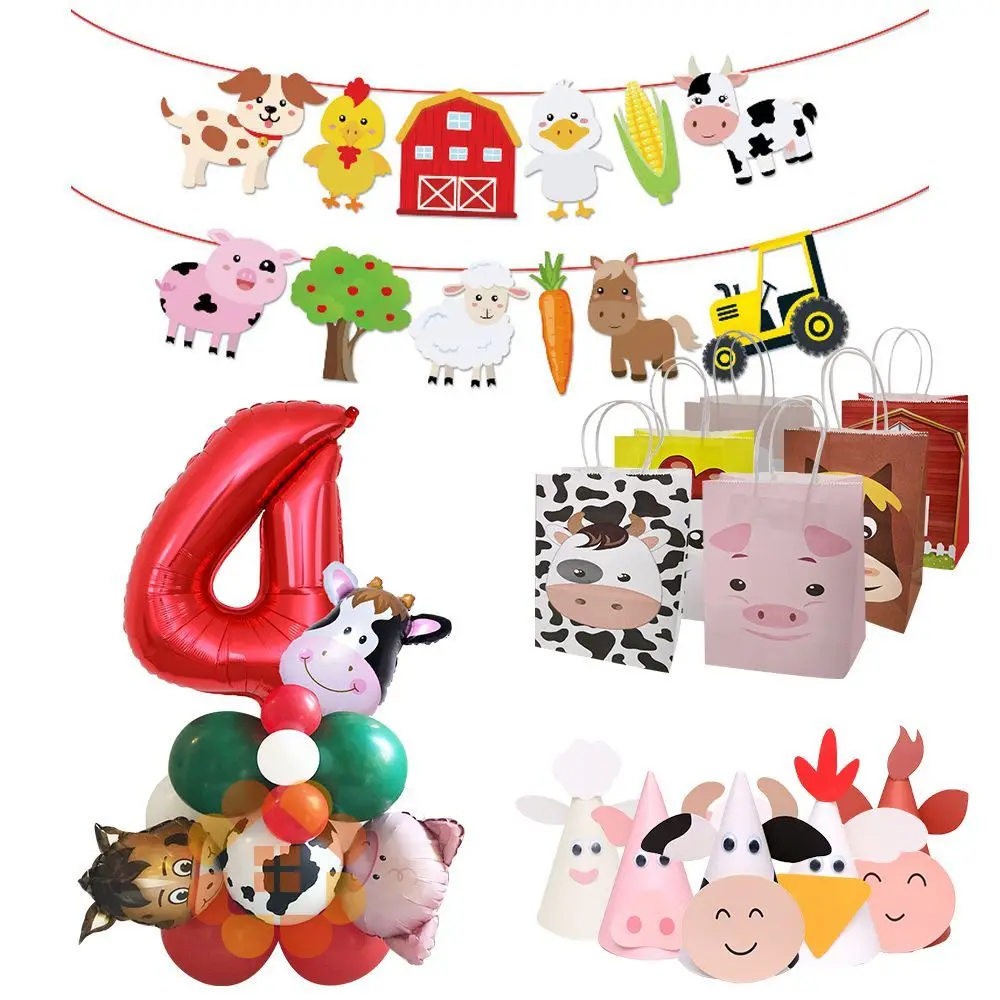 1Set Farm Animal Balloons Set Animal Candy Bags Cow/Pig/Sheep Cake Wrappers for Kids DIY Farm Animals Birthday Party Decorations