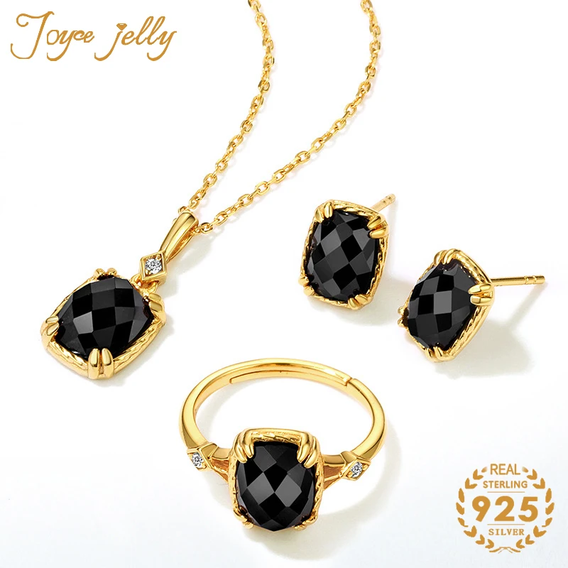 

JoyceJelly Trendy 925 Sterling Silver Women Jewelry Set With Black Color Gemstones Gold color Women Party wholesale Silver gifts