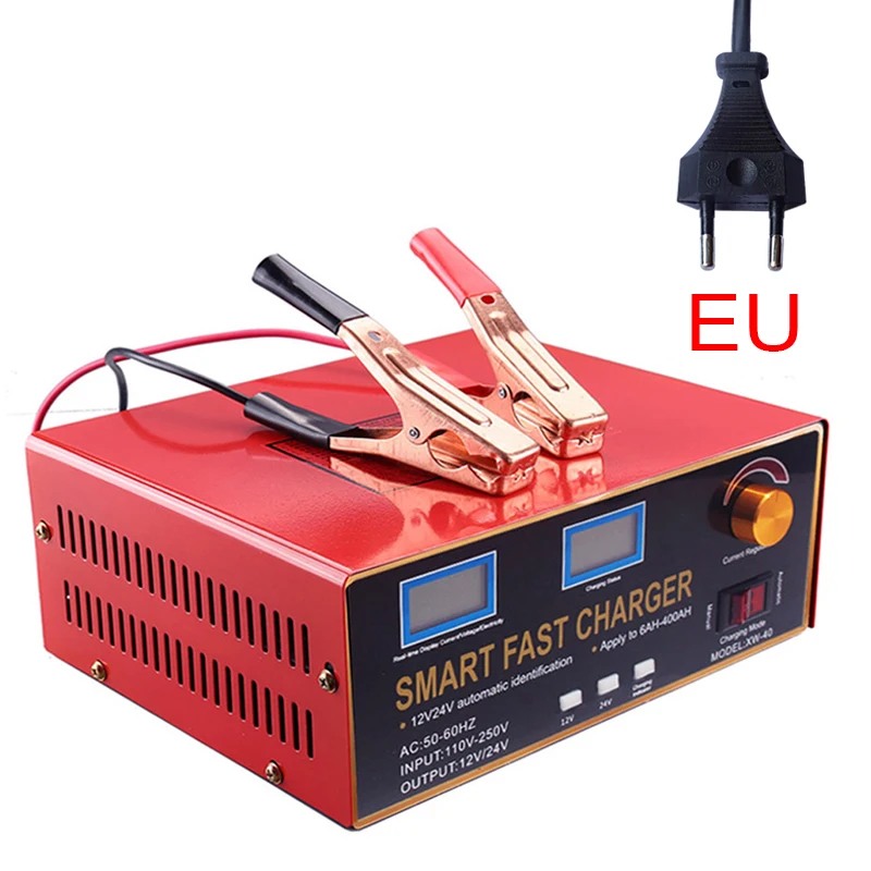 EU 600W 12V 24V 6-400AH автомобиля Батарея Зарядное устройство 12A 25A AGM гель свинцово-кислотная литий ионный для автомобилей и мотоциклов мА/ч. аккумулятор Питание - Цвет: EU