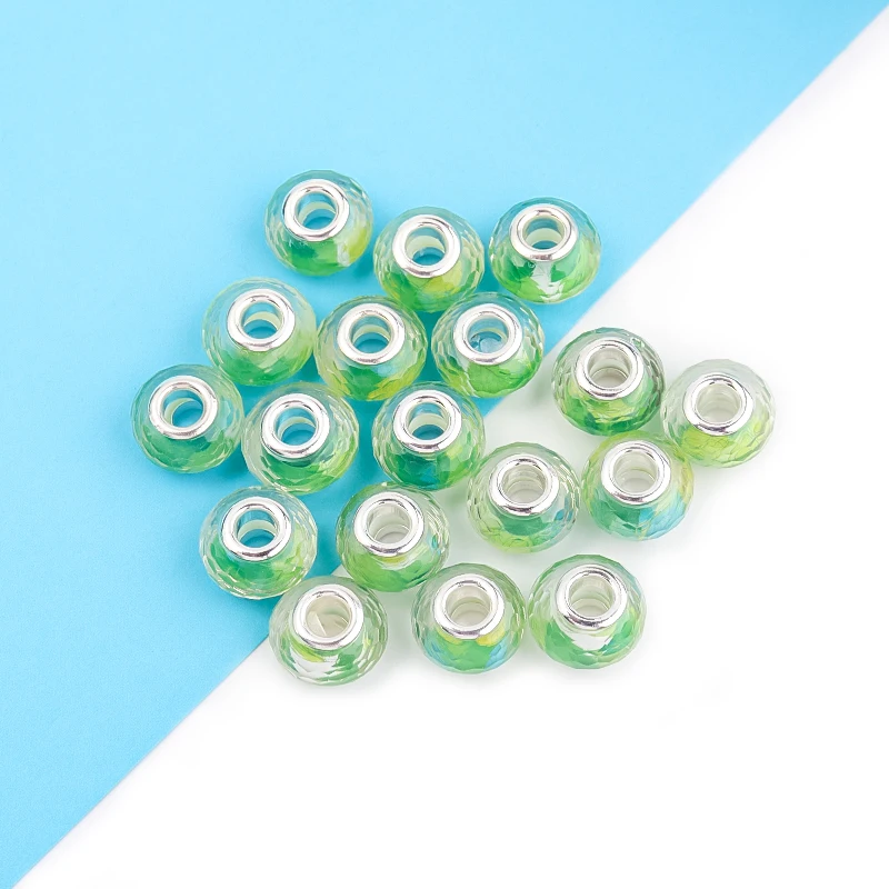 20pcs/lot Resin Hexagonal Faceted Big Hole Beads Green Loose Spacer Beads For Jewelry Making Handmade Chain Accessories DIY