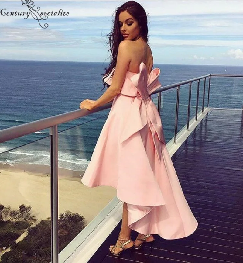 Розовые платья для подружек невесты Hi-Lo с карманами и большим бантом без бретелек