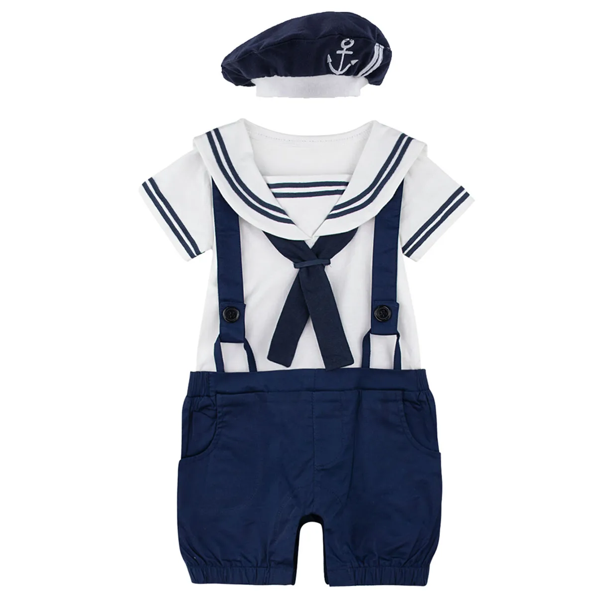 Navy blue Комбинезон в морском стиле для новорожденных мальчиков и девочек; комбинезон на подтяжках из хлопка на Хэллоуин для малышей; комбинезон на подтяжках с шапочкой - Цвет: Navy blue