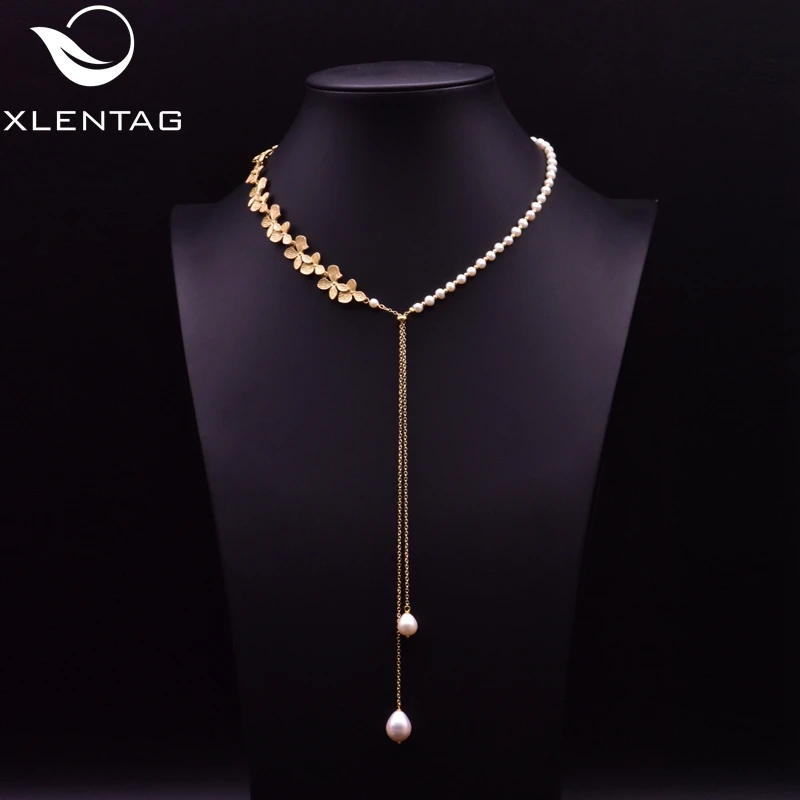 

XlentAg Metal Flowers Natural Pearls Necklaces Long Pendant Amethyst Asymmetrical Women Wedding Party Luxury Boho Jewelry GN0194