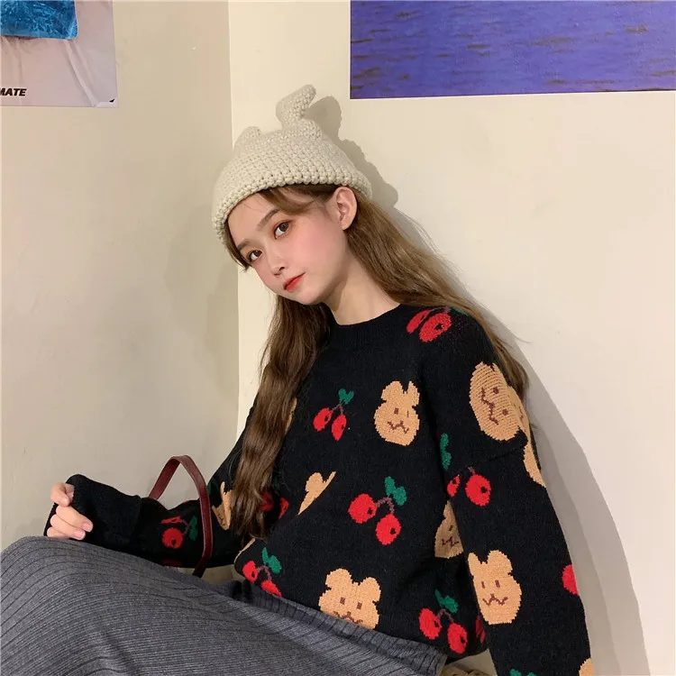 Женский свободный свитер Ulzzang Повседневный в стиле ретро с медведем корейский