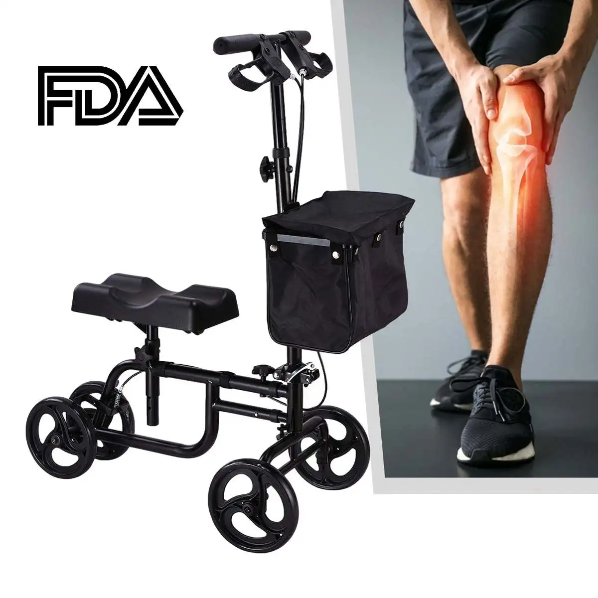 

Knee Walker Scooter Roller Crutch Leg Walker Steerable Foldable Walker Crutch Alternative Black Cycle For Adults Disabled Assist