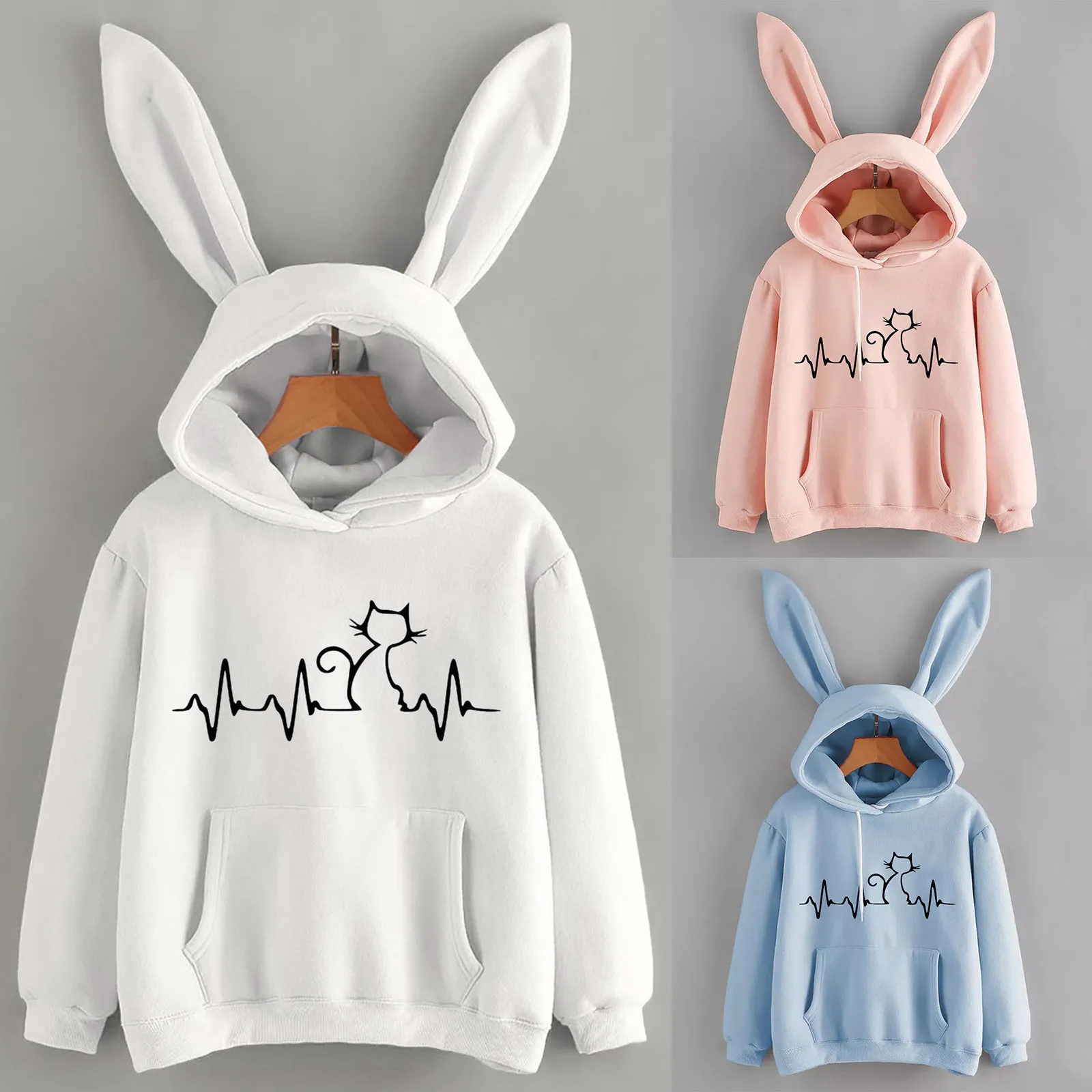 2021 Sweatshirt Womens Long Sleeve Rabbit Hoodie Cute Cat Print Sweatshirt Pullover Tops Blouse Girlfriend Valentine's Day #dz