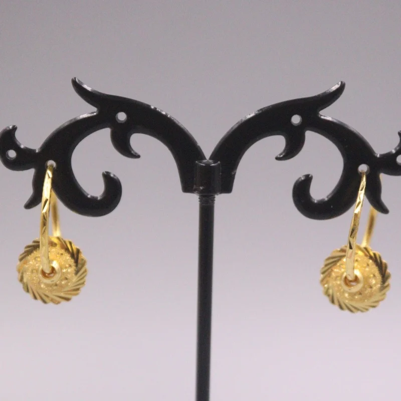 

Pure 999 24k Yellow Gold Hoop Glossy Bead Carved Round Gear Earrings Woman Best Lucky Gift 5.3g