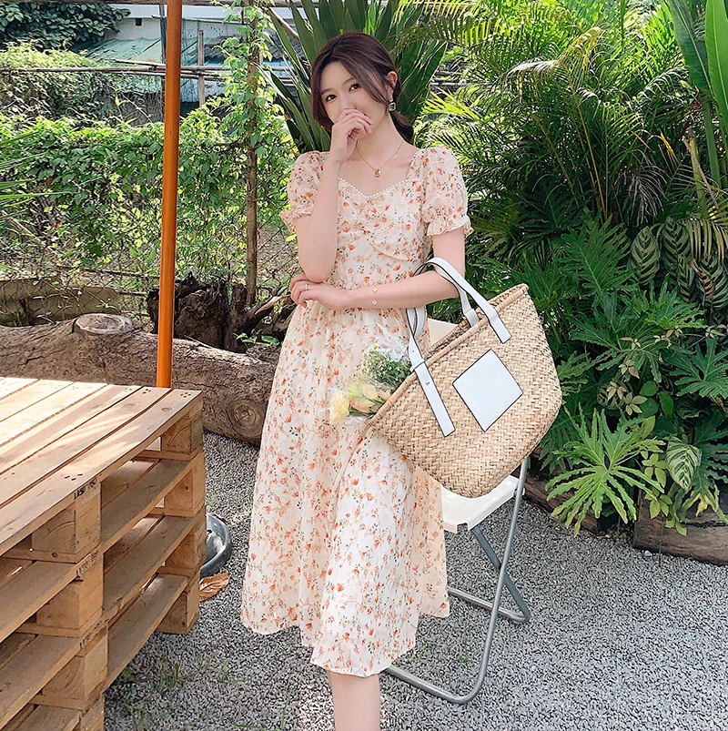

Will spot the gentle wind of new fund of 2021 summer fairy peach heart nail bead flower hubble-bubble sleeve dress