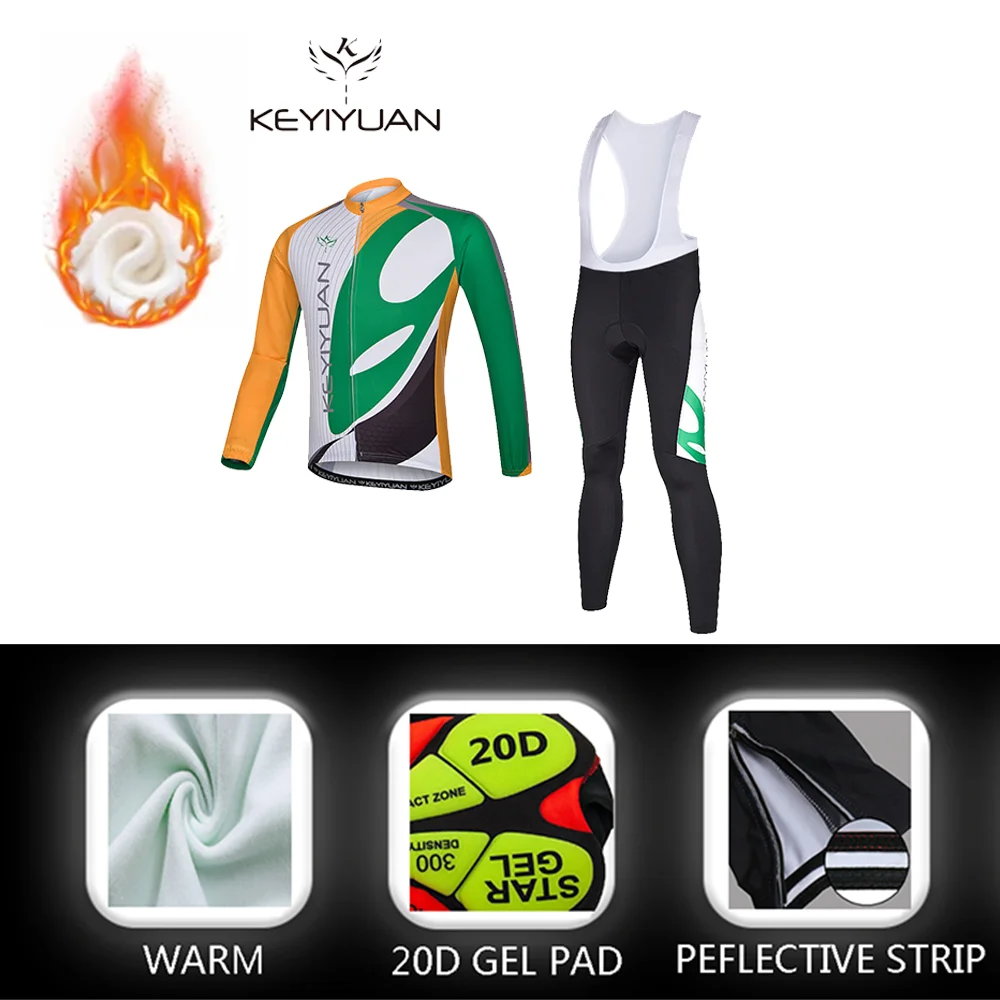 Купи KEYIYUAN Warm 2023 Winter Thermal Fleece Cycling Clothes Men Jersey Suit Outdoor Riding MTB Bike Clothing Bib Pants Set за 998 рублей в магазине AliExpress