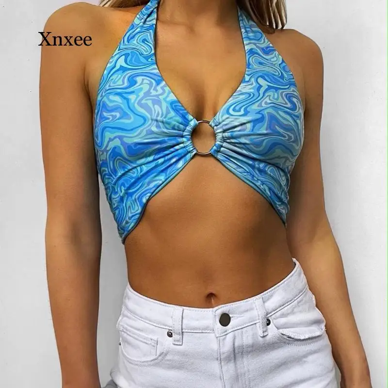 

Women Y2K Water Ripple Print Halter Crop Top Backless Cute E Girl Bustier Aesthetic Bandage Summer Vest Female Sexy Tanks Camis