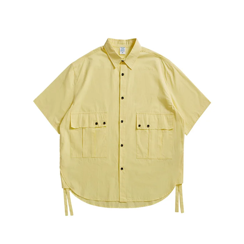 

Inf men's clothing - new trend of spring and summer 2021 solid color simple pocket decoration arc ribbon bottom Lapel shirt