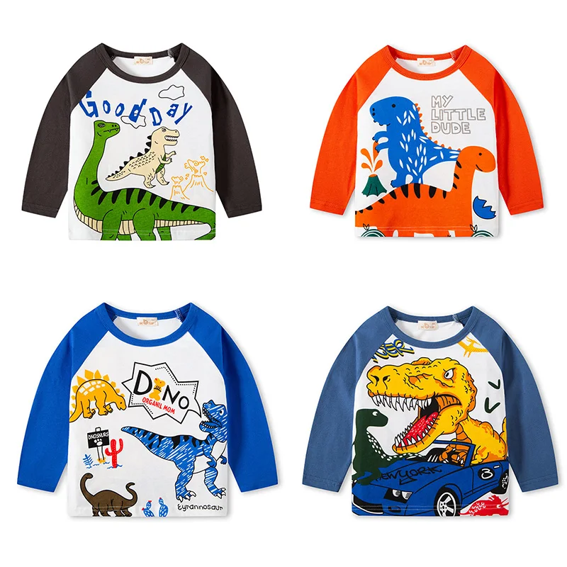 

Children Wear Autumn/Spring Clothing Cartoon Dinosaur Splicing Sleeve Inserted Boys Long Sleeve T-shirt Cotton Bottom Shirt