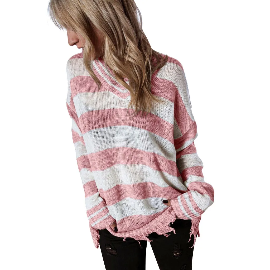 Autumn winter knit sweater women Striped V Neck Pullover Long Sleeve Tassel Hollow Knit Sweaters Jumper Tops jersey mujer#guahao | Женская