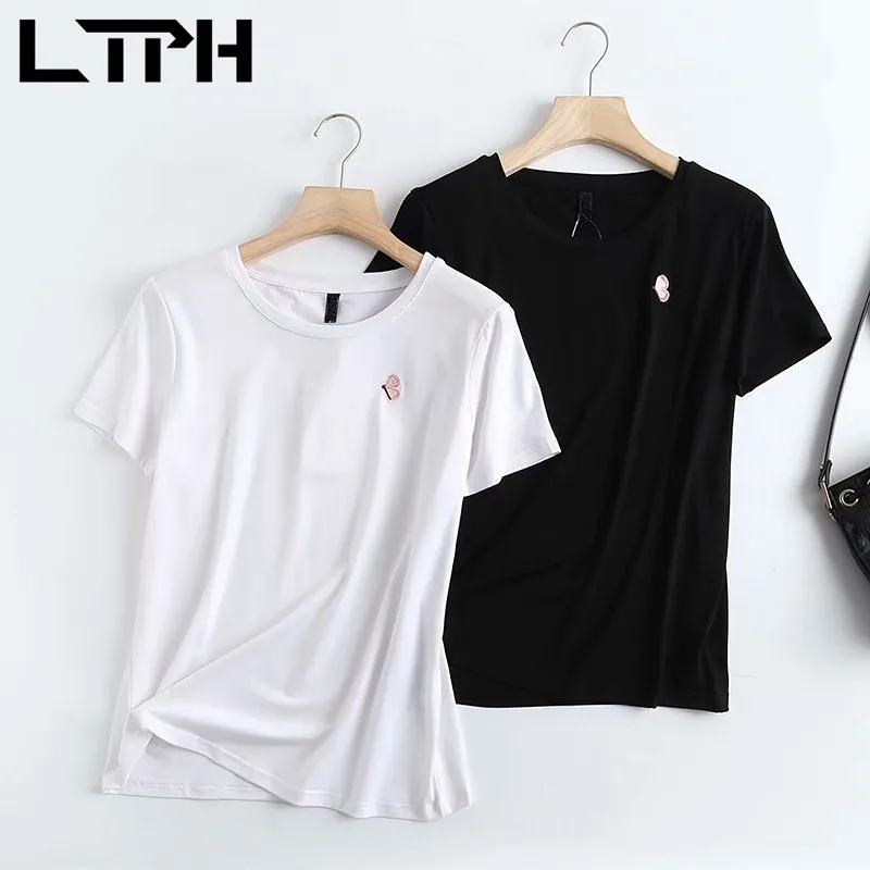

LTPH vintage butterfly embroidery white T-shirts O-Neck short sleeve Korean cotton t shirt pullover Slim tops 2021 Summer New