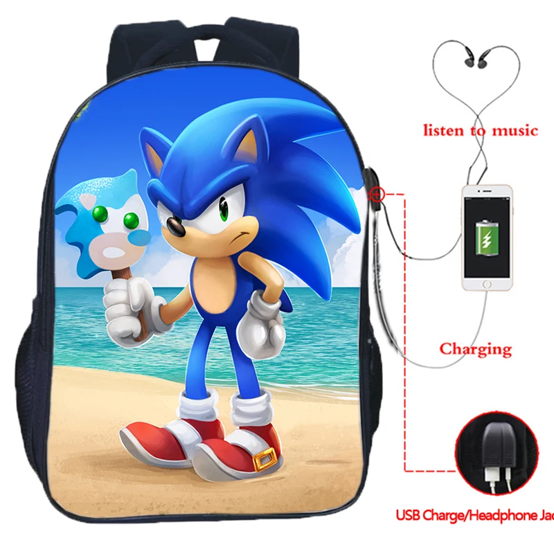 

16 Inch Arrival Sonic USB Backpack Boy Girl Cartoon School Bag Men Women USB Charge Travel Rucksack Teenager Anime Bookbag Gift
