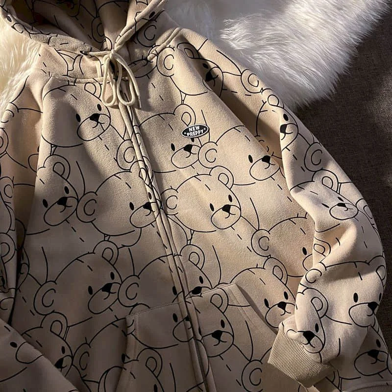 

Full print bear Kawaii Japanese fleece jacket 2021 spring new Korean loose thick sweatshirt cardigan girl's lovely streetwear