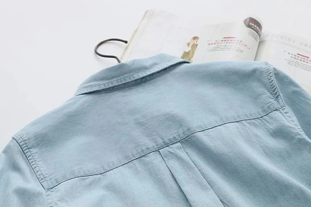 

Spring Fresh Denim Skirts Women Fashion All Match Long Sleeve Washing Light Blue Loose Blouses Casual basic Tops for female 2021