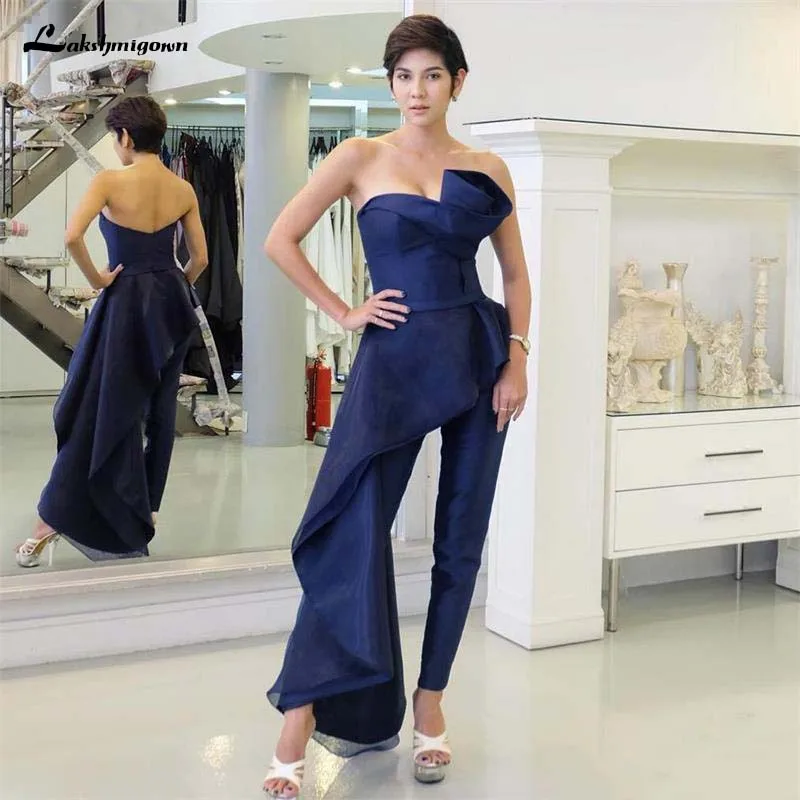 

Royal Blue Mother of the Bride Suits Strapless Ruffles With Overskirt Prom Gowns Party Cocktail Dress