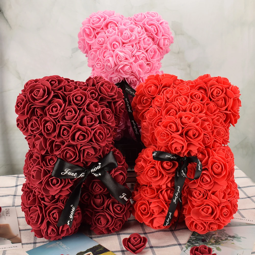 

Nice Valentines Day Gift 25cm Red Rose Bear Rose Flower Artificial Decoration Christmas Gifts Women Valentines Gift Home Decor