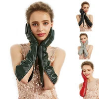 women real sheep leather side visible open zipper long gloves