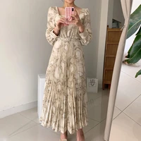 square neck ink painting new waist long pleated female long sleeved dress womens 2022 autumn western style elegant thin skirt