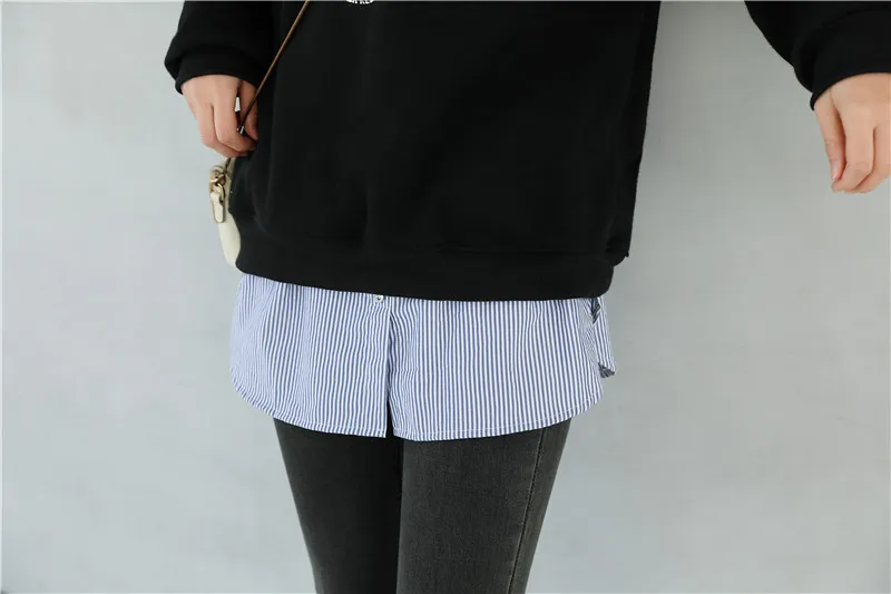 

Fashion Hack Adjustable Layering Fake Top Lower Sweep Buttons Elastic Waist Detachable Striped blue shirt with white T skirt