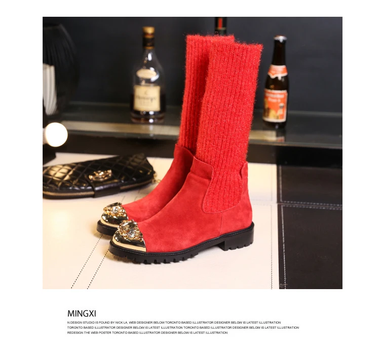 Botas Mujer; зимние вязаные сапоги; женские сапоги до середины икры; Bota Feminina; обувь со стразами; женские эластичные сапоги; Botines Mujer; коллекция года; Zapatos De Mujer