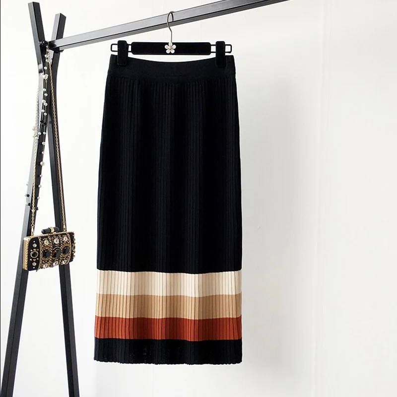 TIGENA Striped Knitted Cotton Skirt Women Fashion 2019 Fall Winter Korean Split High Waist Pleated Midi Long Female |