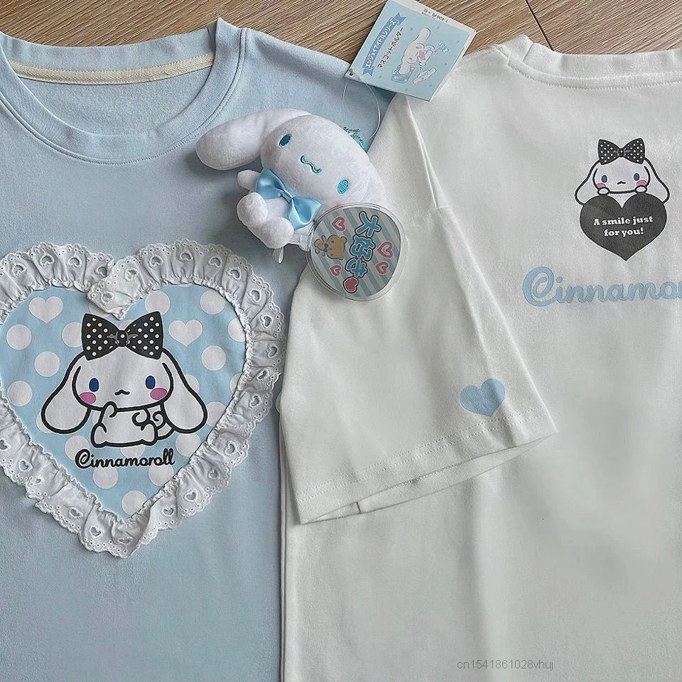 

Kawaii 2021 Lolita Jk Y2k Loose Clothes Sweet Girl Cinnamorolled Print Lace Love Heart T Shirt Women Summer Top Harajuku Tshirt