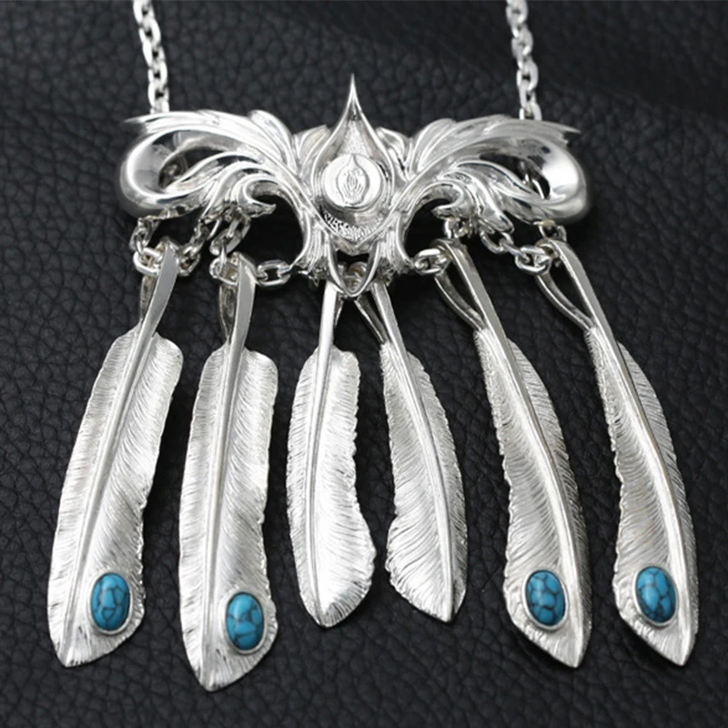 

Solid 925 Sterling Silver Necklace For Men Vintage Charms Takahashi Goros Pendant Eagle Feather Chain New Popular Jewelry P1022