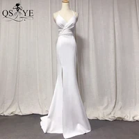 white evening dresses mermaid long prom gown ruched sexy v bride dress women crystal beading sash party dress shoulder straps