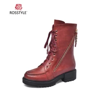 rosstyle luxury woman winter ankle boots handmade genuine leather retro round toe thick heel shoes solid zipper soft zip boots