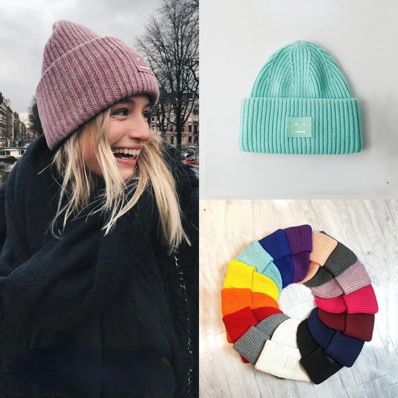 

Smiley Face AC STUDIOS Woolen Square Knitted Winter Hat Women Warm Thickened Luxury Men's Caps Couple Kpop Beanie Skullies