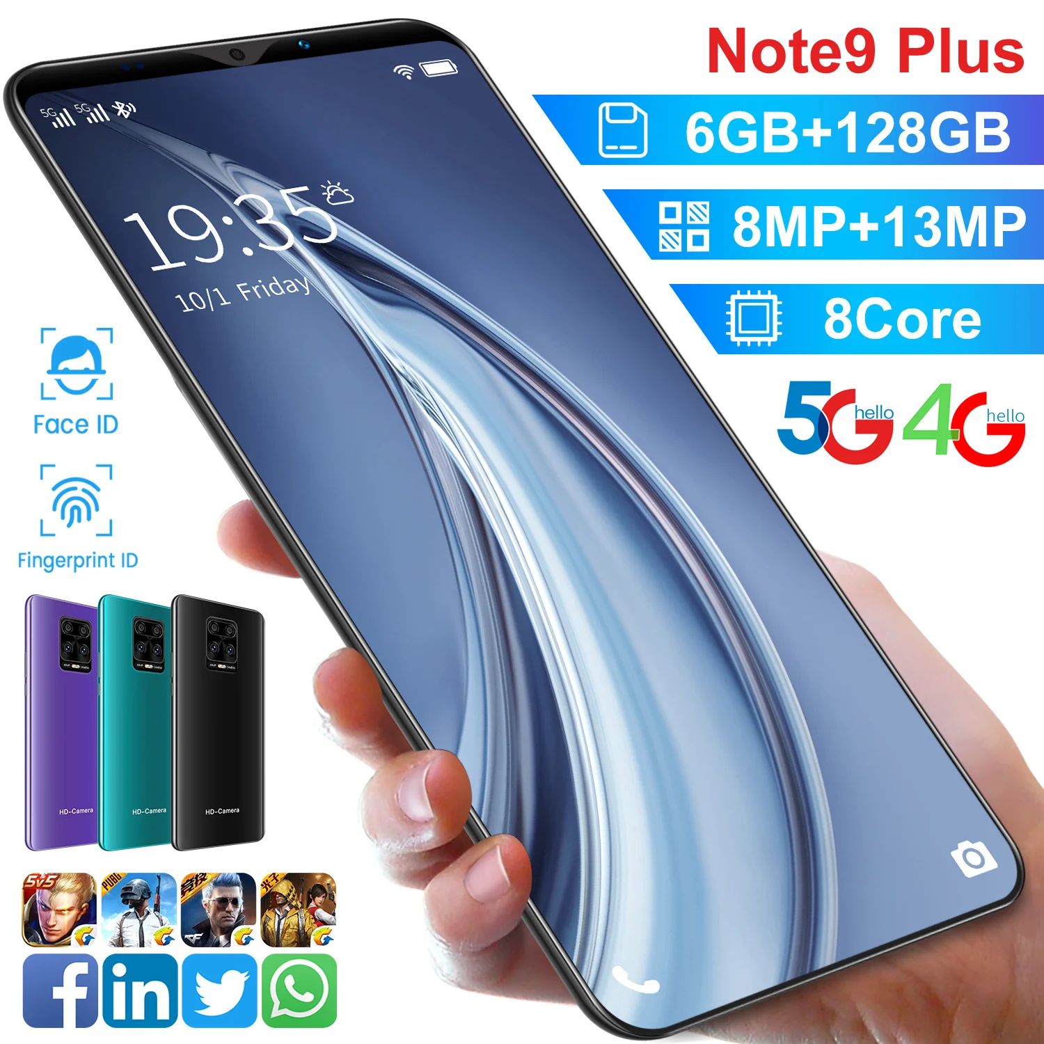 

Note9 Plus Smartphones Global Version 5.8inch U-Screen 6GB+128G 4800mAh Support Face Unlock Dual SIM Network Android Cellphones