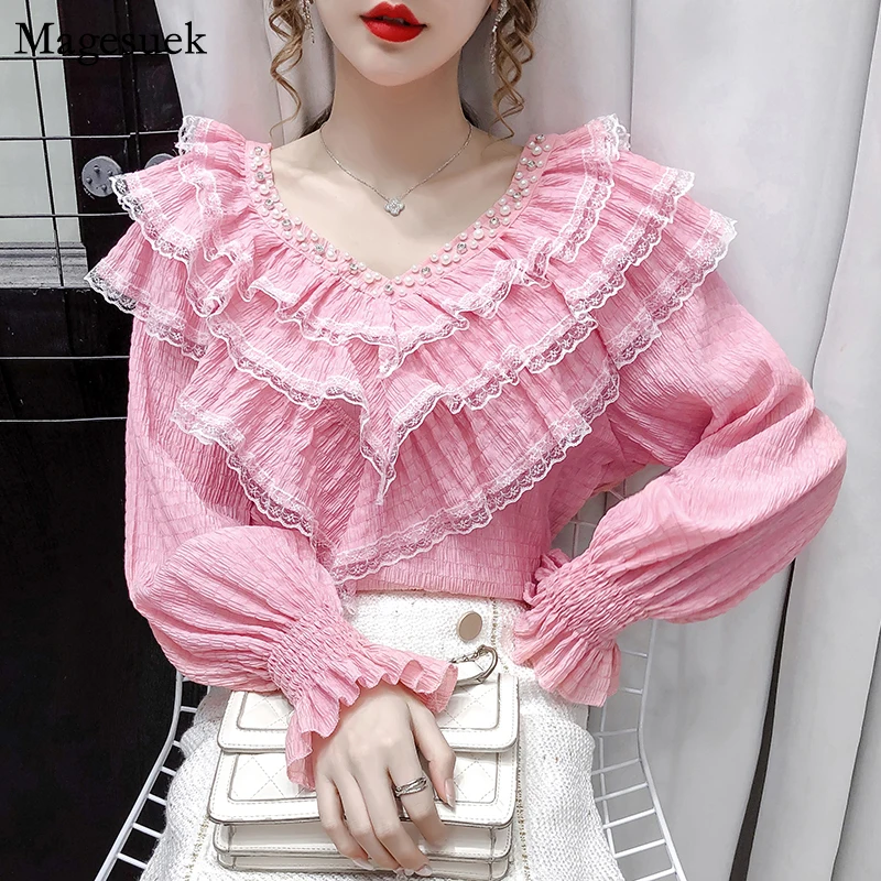 

2021 New Lace Pleated Ruffles Vintage Long Sleeve Shirt Korean V Neck Elegant Women Blouse Casual White Ladies Tops Mujer 12074