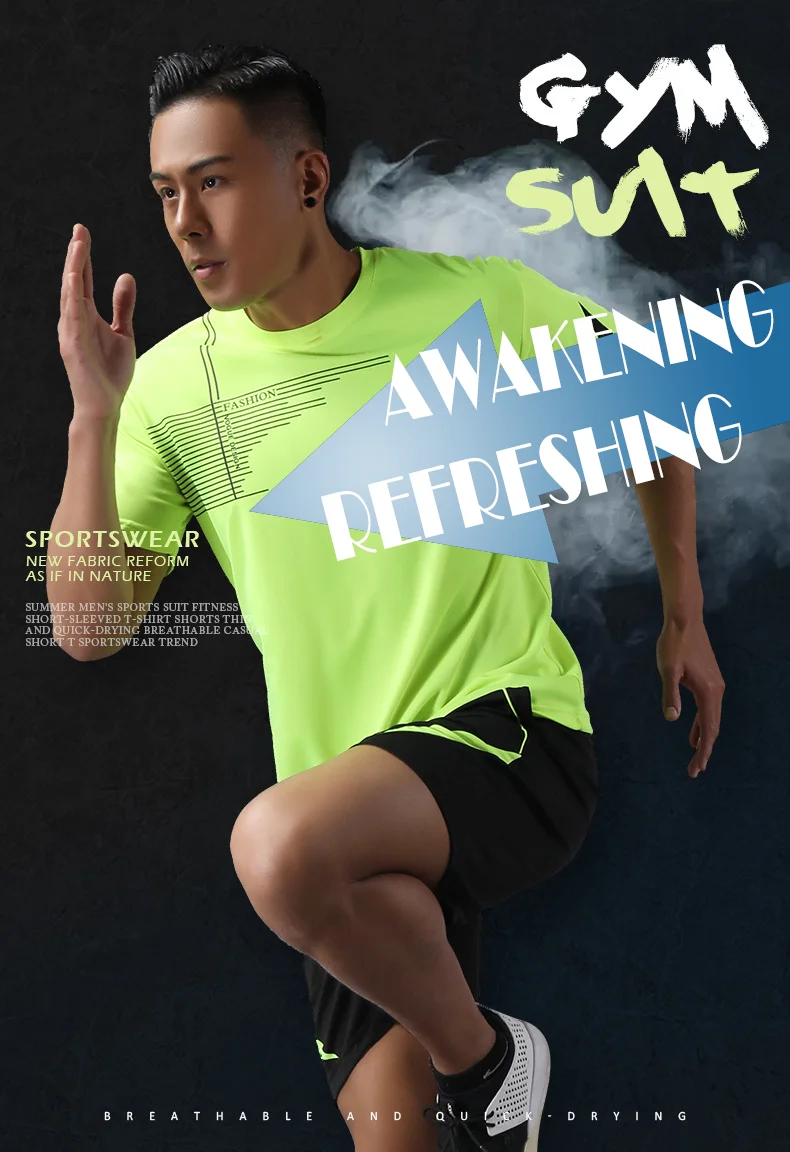 

HENCHIRY Men summer leisure sportswear running T-shirt quick drying shorts short sleeve fitness suit thin fishing two piece set