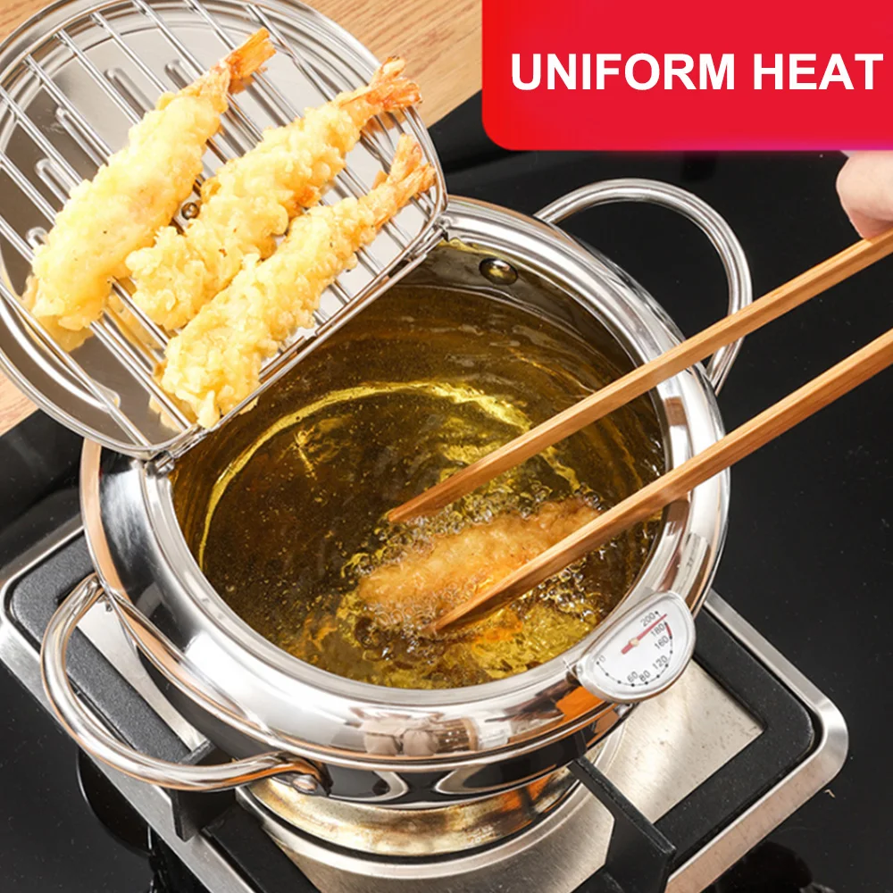 Newest Japanese Deep Frying Pot with a Thermometer and Lid 304 Stainless Steel Kitchen Tempura Fryer Pan Cooking Tools | Дом и сад