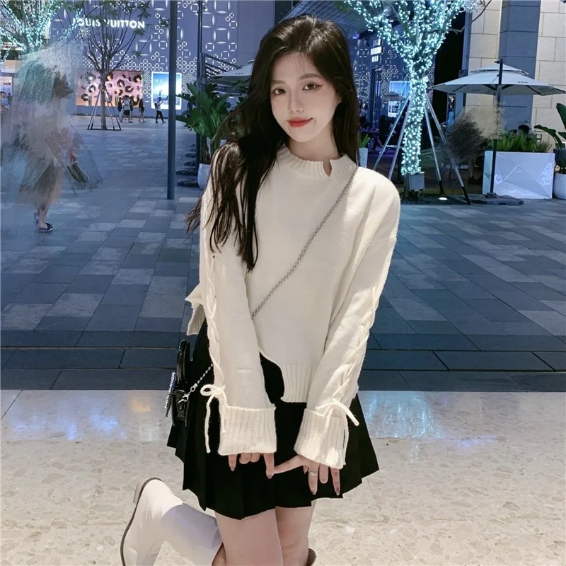 

Зимняя одежда, новинка 2021, свитер, Женский дизайнерский топ с асимметричным шнуровкой и длинным рукавом, свитер в студенческом стиле