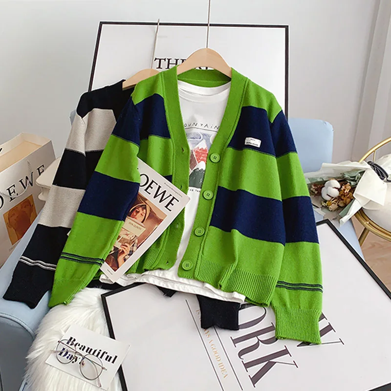 

EBAIHUI Women's Sweater Striped Print V Neck Green Cardigan Knitted Long Sleeve Top Korean Fashion Cardigans Chic Knitwear Coat