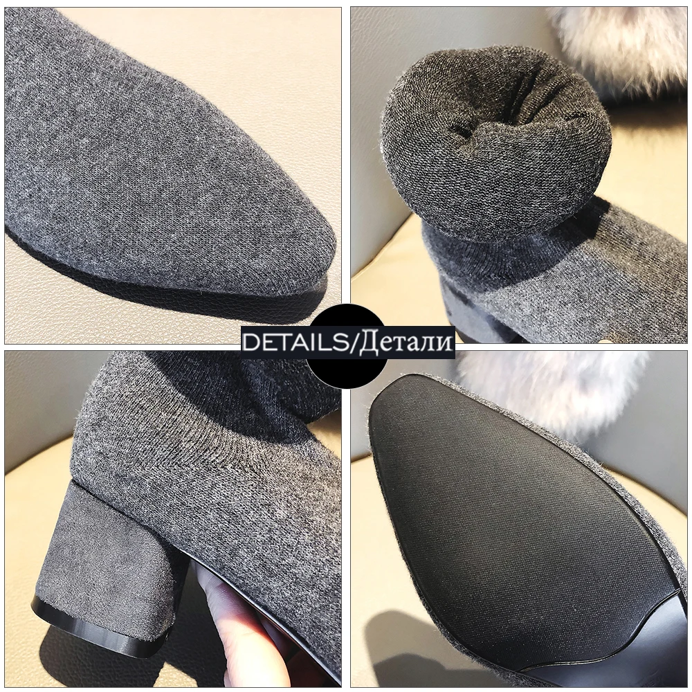 

ISNOM Slim Over The Knee Boots Women Thick Med Heels Sock Boot Ladies Pointed Toe Thigh High Boots Shoes Woman Party Bar Sexy