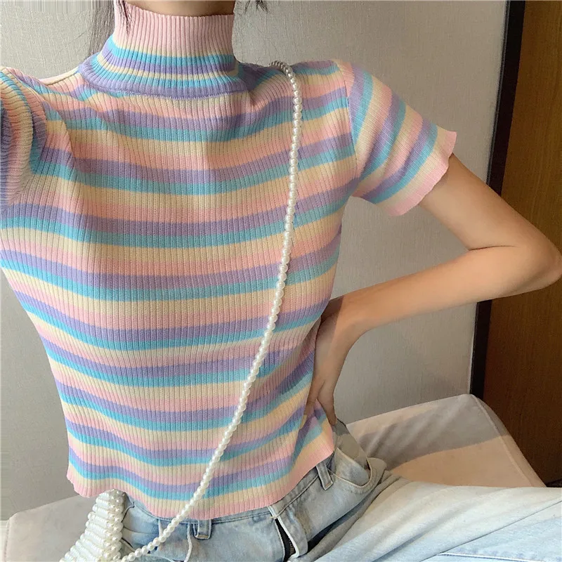 2020 Summer Ice Cream Tee Shirt Female Rainbow Striped Knitted Crop Top Women Short Sleeve Slim Fit T shirt Sweet Preepy Style | Женская