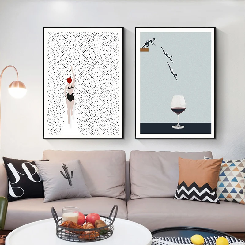 

Abstract Nordic Poster Swim Wine Glass Canvas Painting Wall Art Pictures For Living Room Modern Decorative Prins On The Wall
