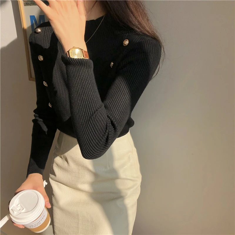 

OLOMM Retro Blouse Women's Sweaters Design Button Bottoming Shirt With A Half-High Collar Knit Thin Top