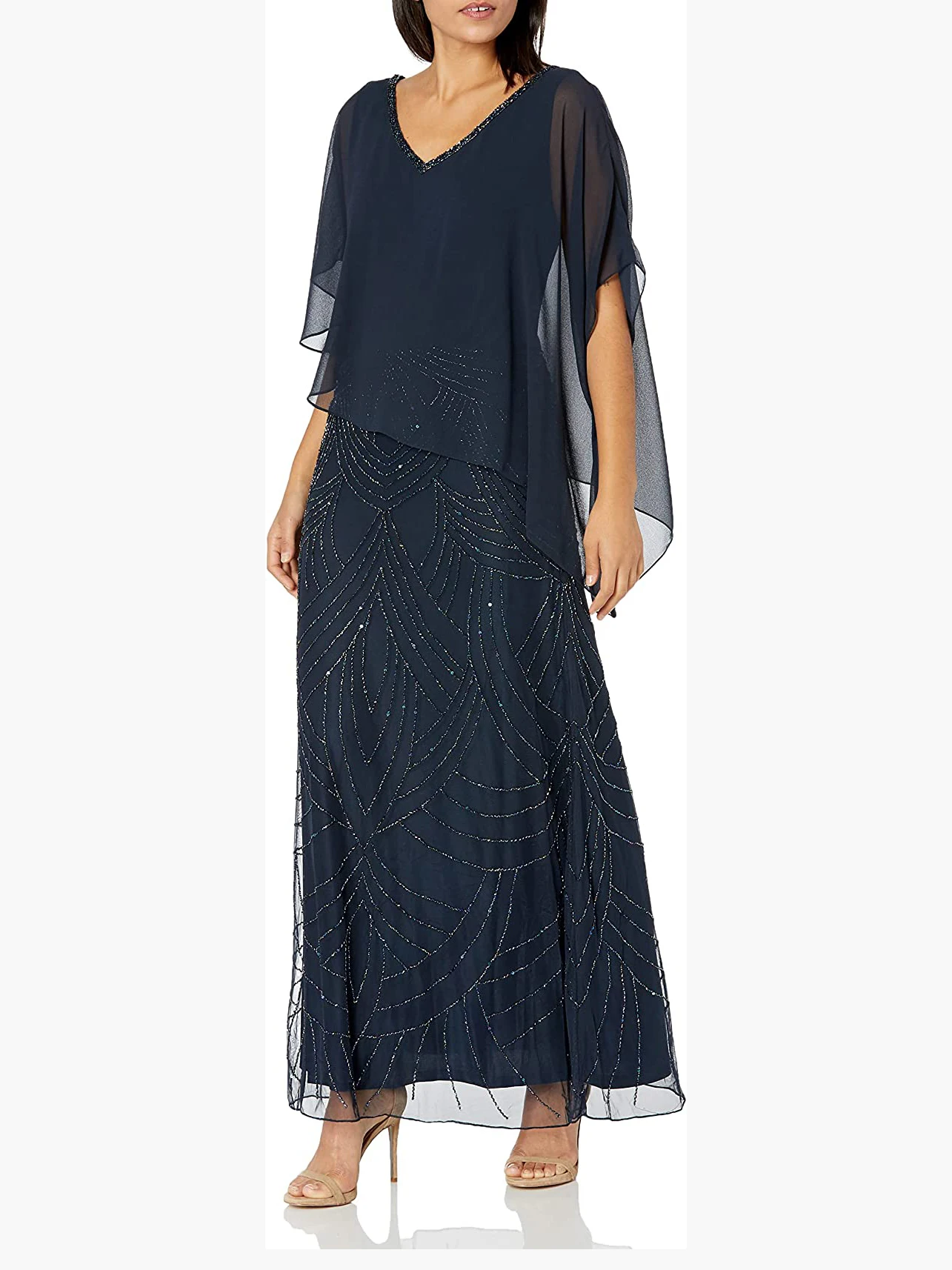 

New Women Long Chiffon Mother of the Bride Dress V Neck Sleeveless Sequined Wedding Guest Gowns Special Occasion Beaded Robes
