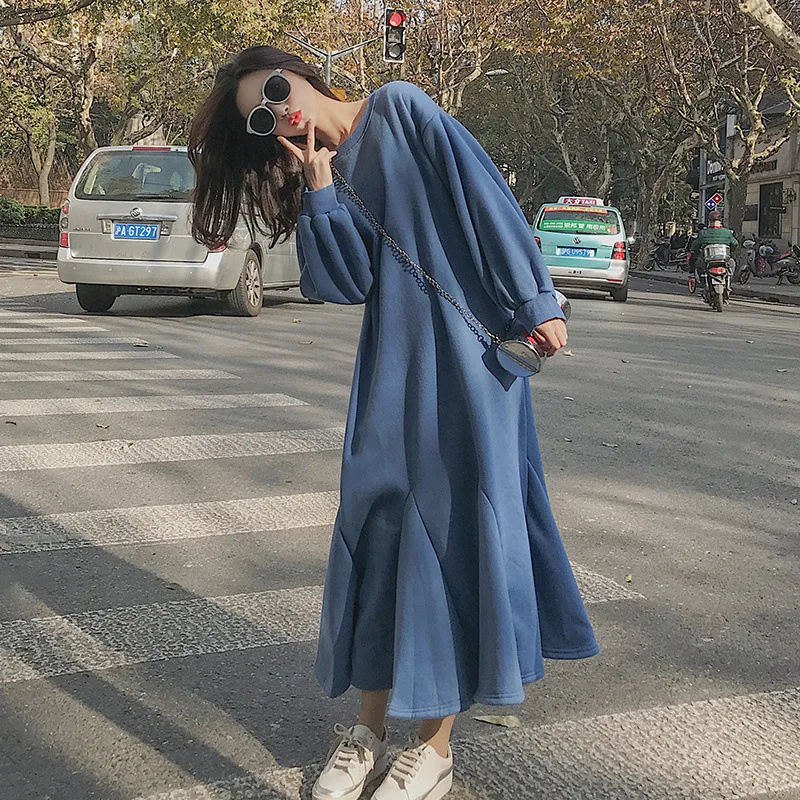 

Johnature 2021 Winter New Korean Fishtail Dresses Casual Loose Solid Color Ruffles Women Dress