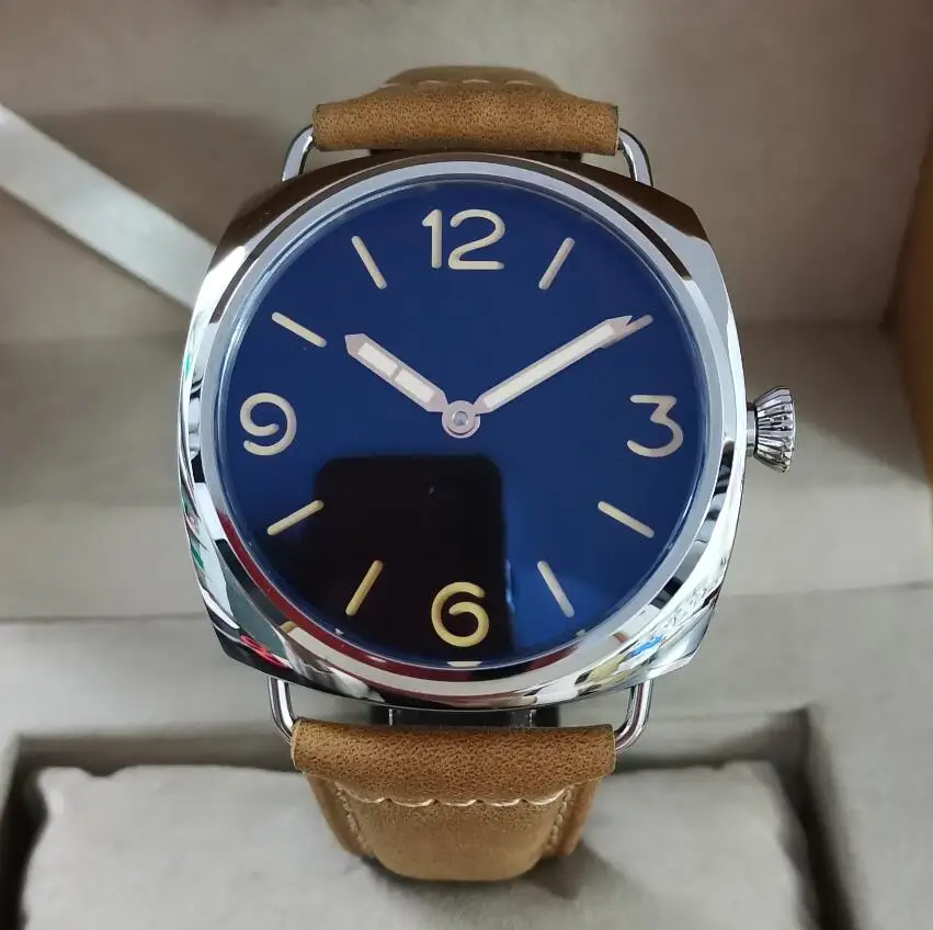 Часы мужские механические 47 мм с ручным заводом и двойным черным циферблатом без