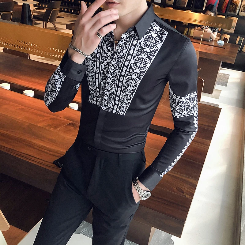 

Black/White Vintage Print Long Sleeve Shirts for Men Clothing 2021 Simple Slim Fit Casual Chemise Homme Night Club Tuxedo 3XL-M