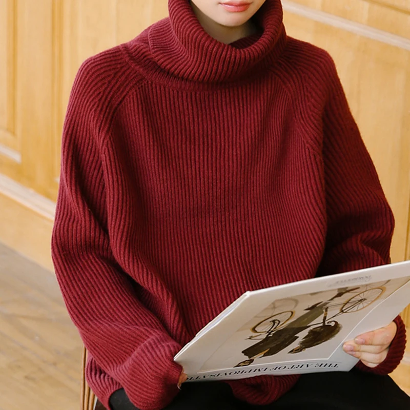 Красный свитер с высоким воротником женский зимний осенний Свободный